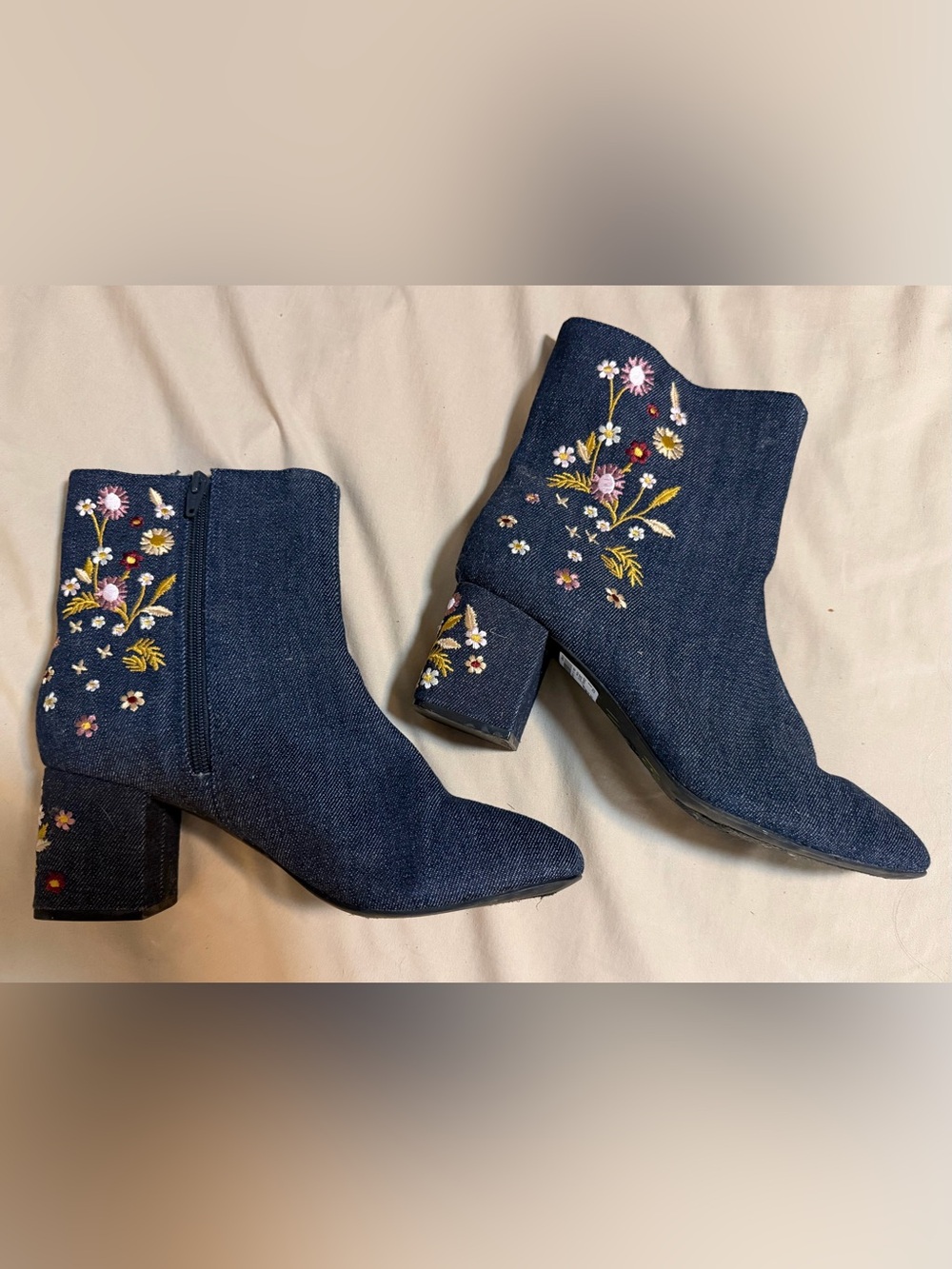 Denim Floral Embroidered Ankle Boots
